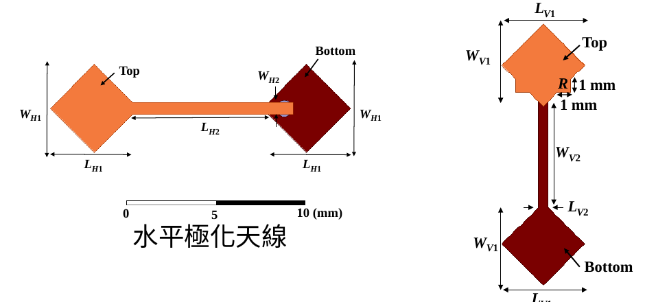 水平與垂直極化天線的幾何參數圖